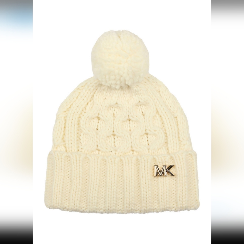 MICHAEL Michael Kors Honeycomb Cable Cuff Hat Ivory Cream Pompom Knit Hat